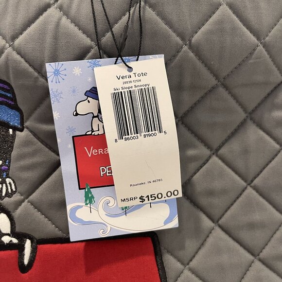 NWT Vera Bradley Ski Slope Snoopy Quilted Tote Bag Inner Pockets Festive Pom-Pom - Picture 3 of 8